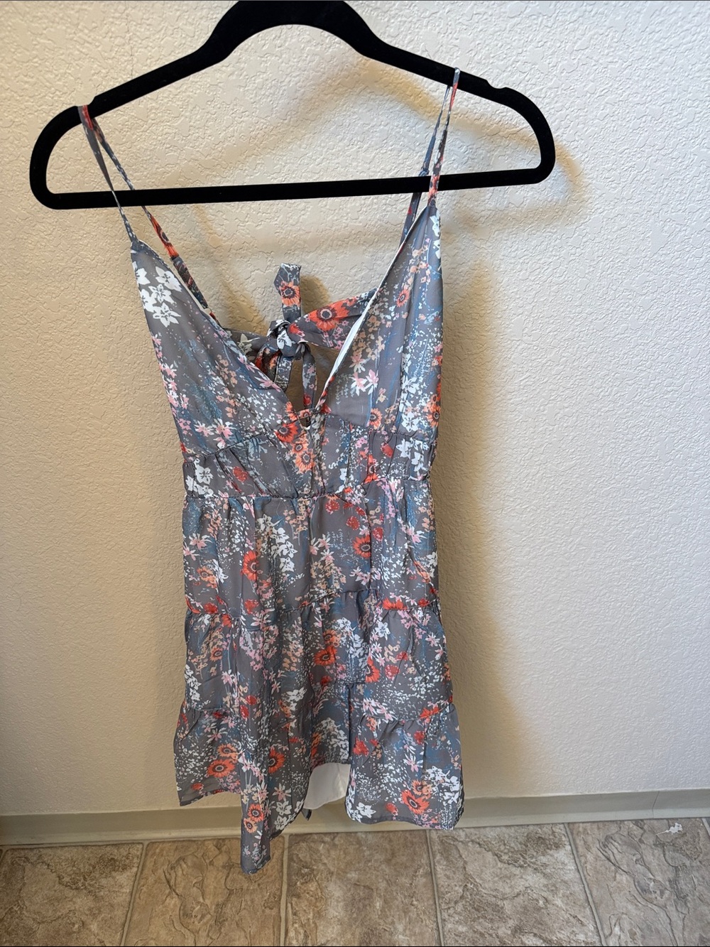 Gray Floral Tie-Back Spaghetti Strap Women’s Dress
